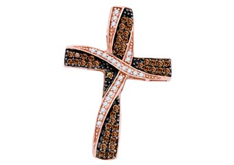 .57 Carat Champagne Cognac Brown Diamond Cross Round Cut Pendant Pink Rose Gold