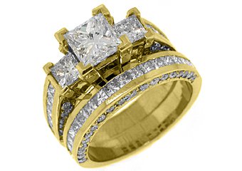 4 CARAT DIAMOND ENGAGEMENT RING WEDDING BAND BRIDAL SET PRINCESS CUT YELLOW GOLD
