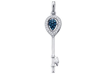 Blue Diamond Key Pendant Brilliant Round Cut Micro Pave White Gold Tear Drop