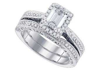 WOMENS DIAMOND ENGAGEMENT PROMISE HALO RING WEDDING BAND BRIDAL SET EMERALD CUT