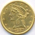 1887-S GOLD 5 DOLLAR *CORONET HEAD* USA, AUNC++