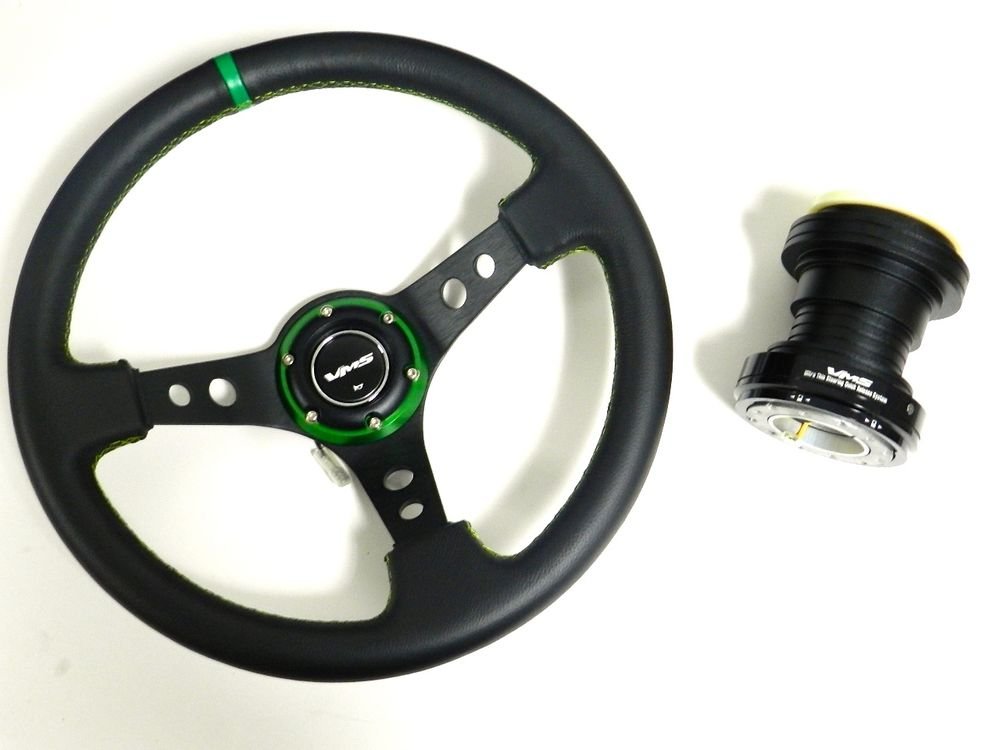 VMS GREEN STEERING WHEEL & BLACK QUICK RELEASE HUB KIT FOR HONDA CIVIC EG