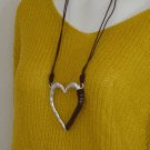Long cord w large metal heart brown cord wrap interesting necklace statement