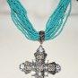 Turquoise multistrand beaded necklace silver large ornate crystal cross pendant