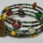 Exotic green iris multicolor glass bead & gold pendant boho memory wire bracelet