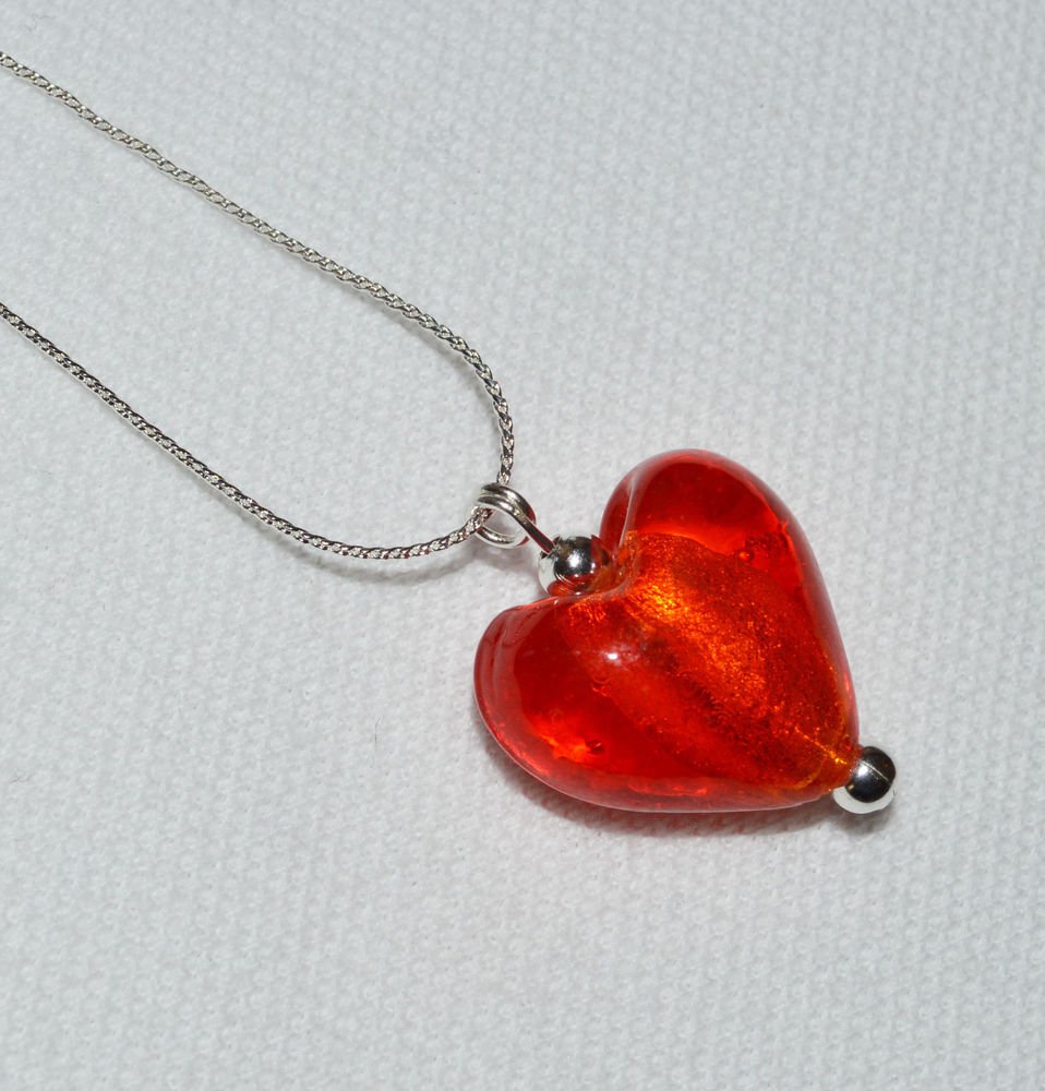 Red puff glass heart valentine necklace up to 21