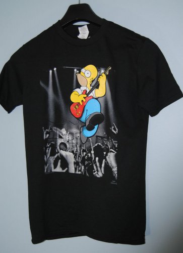 Homer Simpson T-Shirt Playing Guitar Black Short Sleeve Rock Black Bart Sm-XL