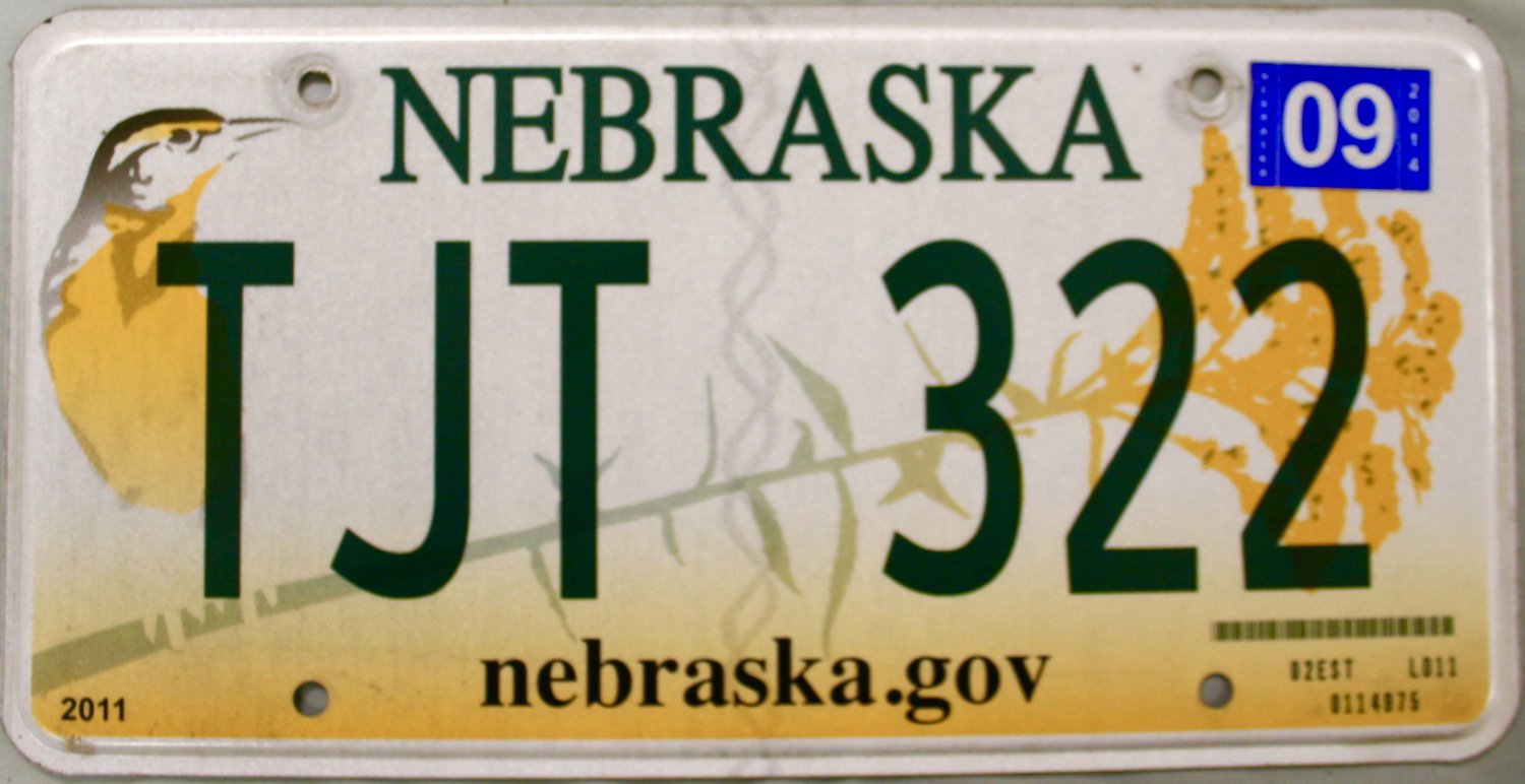 2014 Nebraska License Plate (TJT 322)