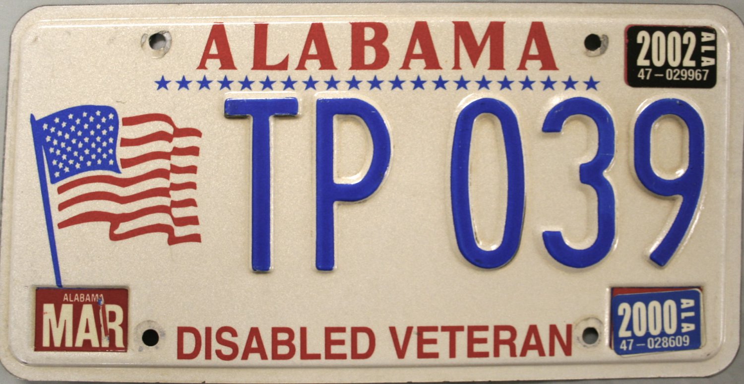 2002 Alabama Disabled Veteran License Plate Tp 039 8017