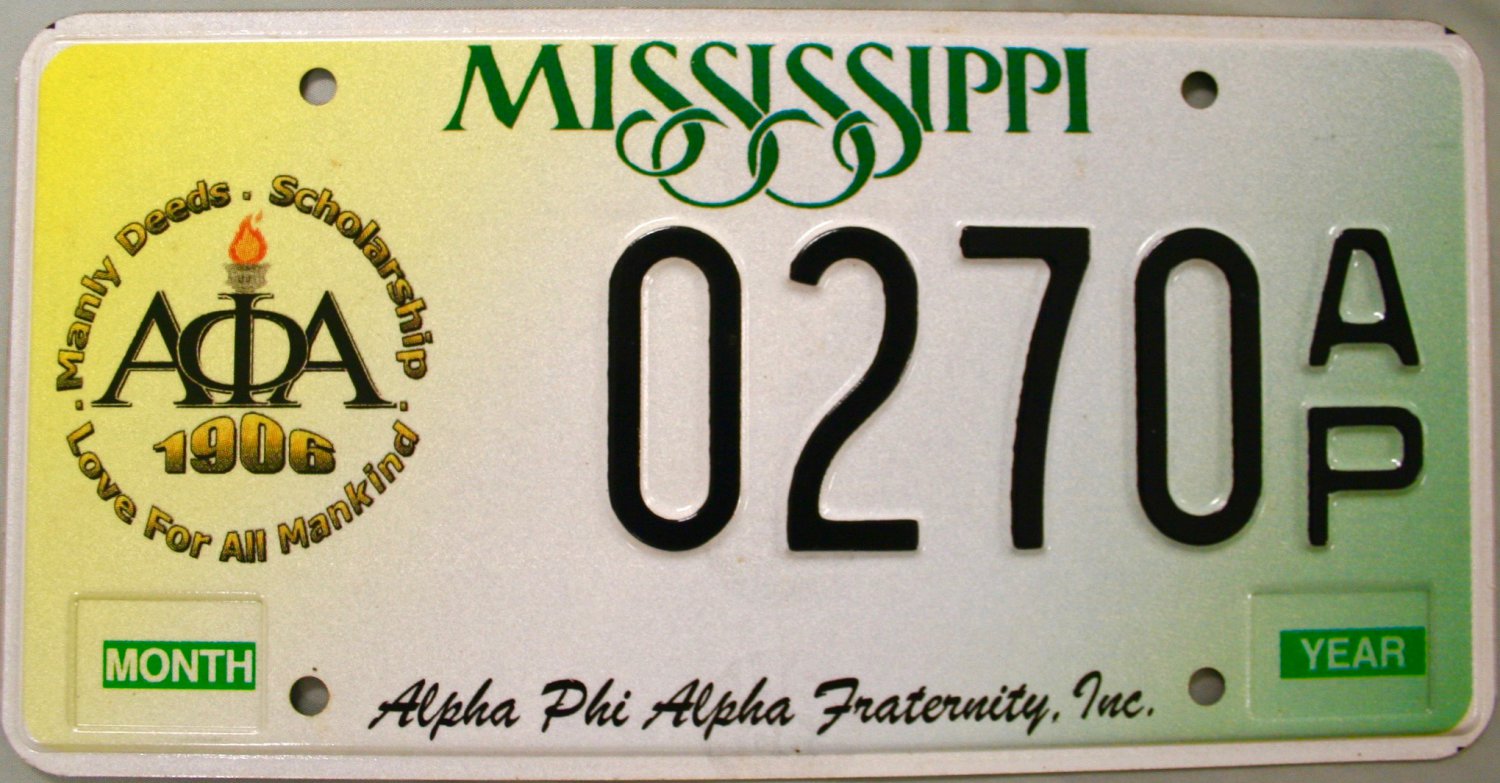 Mississippi: Alpha Phi Alpha Fraternity License Plate (0270 AP)