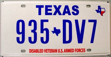 Texas Disabled Veteran U.S. Armed Forces License Plate (935 DV7)
