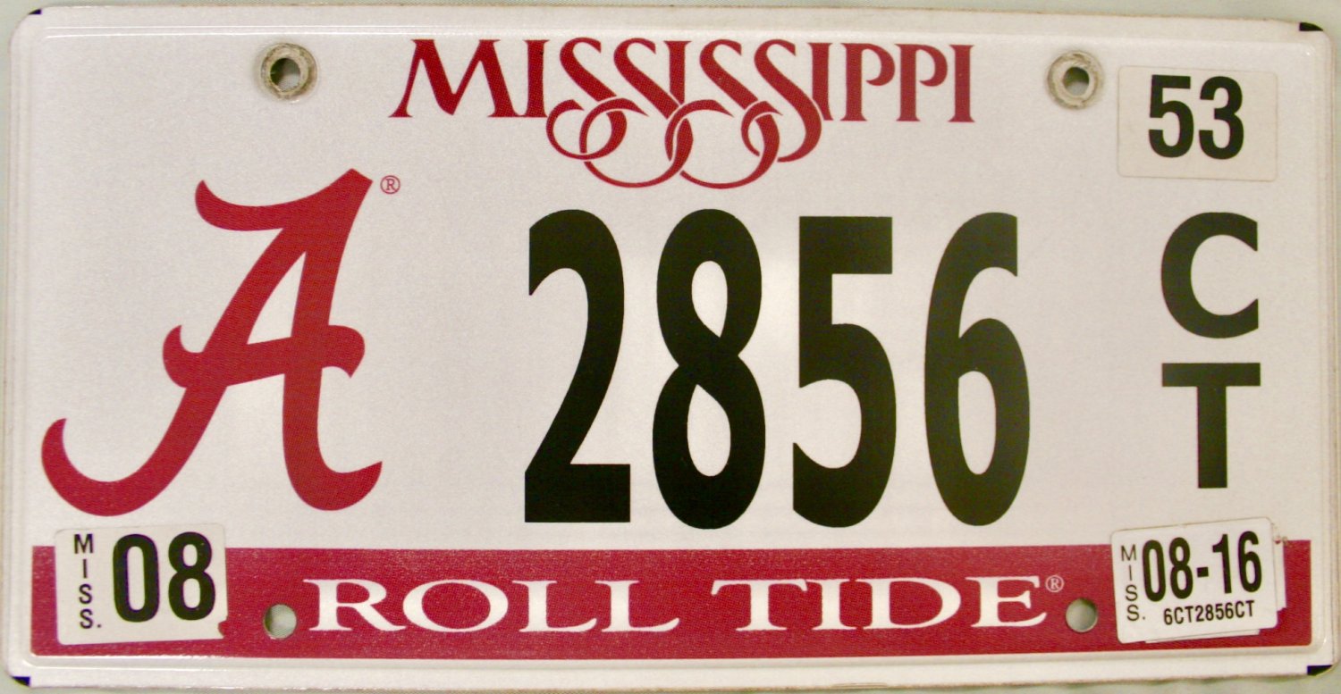 2016 Mississippi University of Alabama License Plate (2856 CT)
