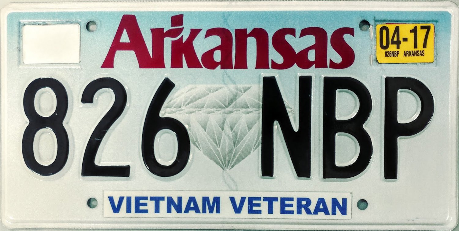 2017 Arkansas Vietnam Veteran License Plate (826 NBP)