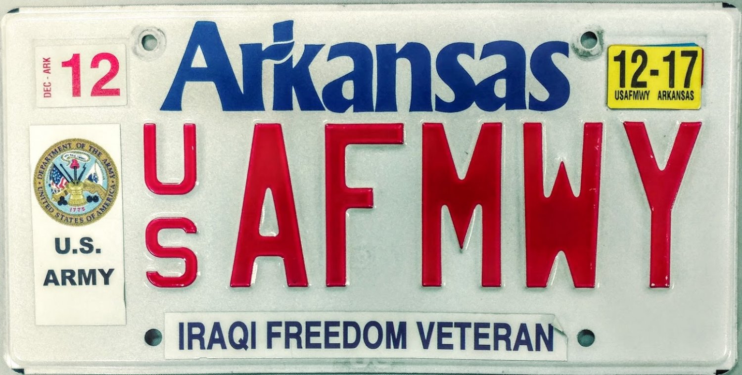 2017 Arkansas Iraqi Freedom Veteran U.S. Army License Plate (US AFMWY)