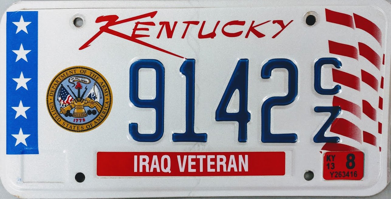 2013 Kentucky Iraq Veteran License Plate (9142 CZ)