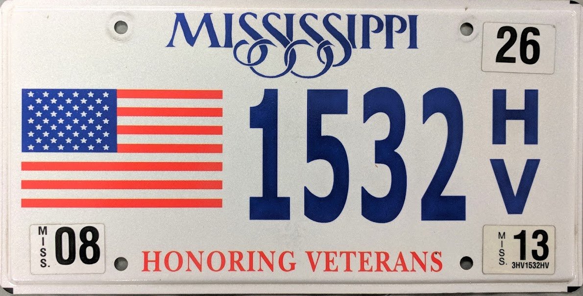 2013 Mississippi Honoring Veterans License Plate (1532 HV)