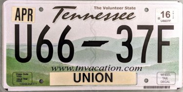 2016 Tennessee License Plate (U66-37F)