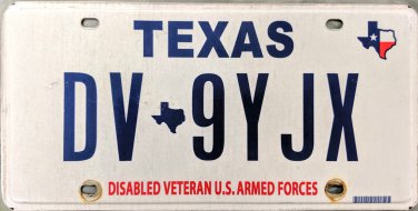 Texas Disabled Veteran U.S. Armed Forces License Plate (DV 9YJX)