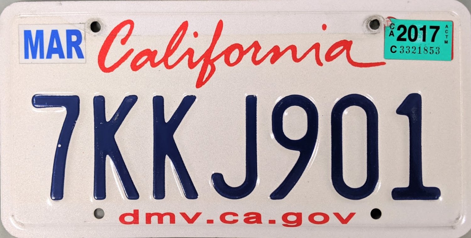 2017 California License Plate (7KKJ901)