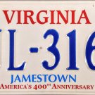 2008 Virginia Jamestown (America's 400th Anniversary) License Plate (KJL-3165)