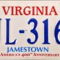 2008 Virginia Jamestown (America's 400th Anniversary) License Plate (KJL-3165)