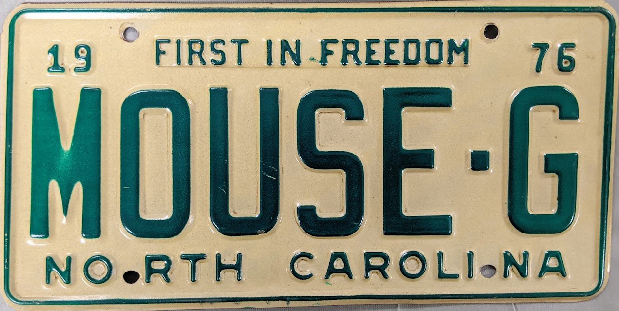 1976 North Carolina Vanity License Plate (MOUSEG)