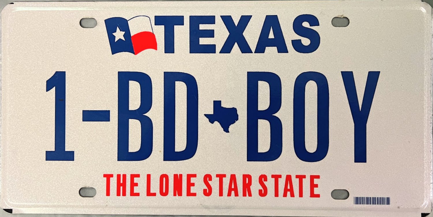Texas Vanity License Plate (1BD BOY)