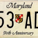 1986 Maryland "350th Anniversary" License Plate (153 ADK)