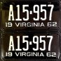 1962 Virginia License Plate PAIR (A15-957)