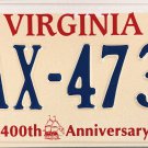 2008 Virginia 400th Anniversary License Plate (KAX-4733)