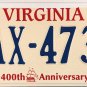 2008 Virginia 400th Anniversary License Plate (KAX-4733)