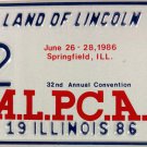1986 ALPCA 32nd International Convention Springfield, Illinois License Plate (82) 1986 ALPCA 32nd International Convention Springfield, Illinois License Plate (82)