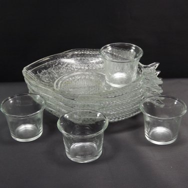 Vintage Set 4 Pressed Glass Shrimp Cocktail Plates with Cups Fish Shape Detailed