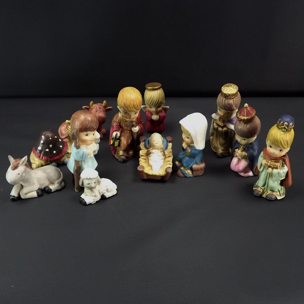 Vintage Nativity Set of 12 Figurines Children Hand Painted Ceramic