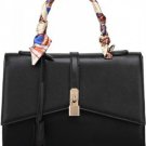 Black Faux Leather Lock Decor Scarf Handle Tote Handbag