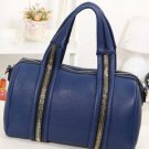 Blue Faux Leather Zipper Top Handle Tote Handbag