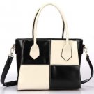 Black White Color Block Faux Leather Top Handle Tote Handbag
