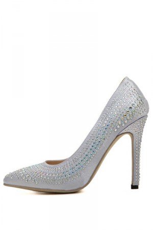 Silver Satin Rhinestone Pointed Toe Pump Heels(US8.5)
