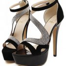 Black Faux Suede Rhinestone Ankle Strap Platform Heels(US7)