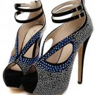 Black Peep Toe Rhinestone Cutout Ankle Strap Heels(US7)