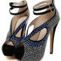 Black Peep Toe Rhinestone Cutout Ankle Strap Heels(US8)