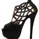 Black Cut Out Rhinestone Peep Toe Platform Heels(US6)