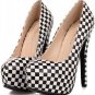 Black White Faux Pu Checker Platform High Heels(US8.5)