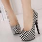 Black White Faux Pu Checker Platform High Heels(US8.5)