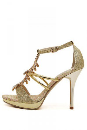 Gold Glitter Open Toe Rhinestone Ankle Strap Heels(US6.5)