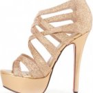 Gold Faux Leather Glitter Strappy Gladiator Platform Heels(US6)