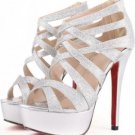 Silver Faux Leather Glitter Strappy Gladiator Platform Heels(US6.5)