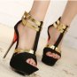 Black Gold Faux Leather Open Toe Buckle Strap Platform Heels(US8)