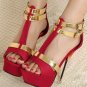 Red Metallic Faux Leather Open Toe Ankle Strap Platform Heels(US5)