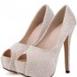 Beige Peep Toe Rhinestone Platform Pump Heels(US6)